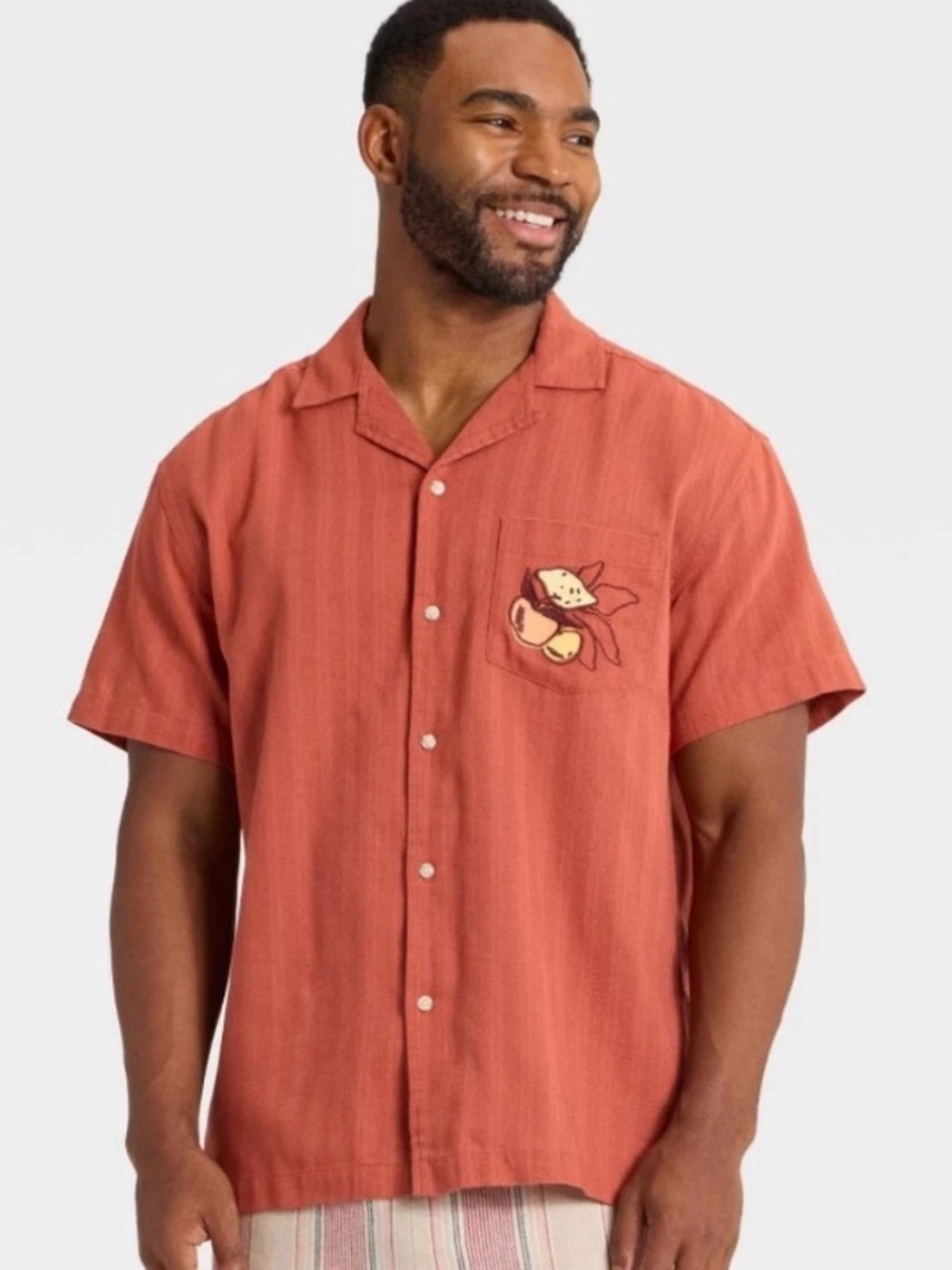 Men’s Goodfellow Embroidered Cinnamon Camp Button Short sleeve Shirt